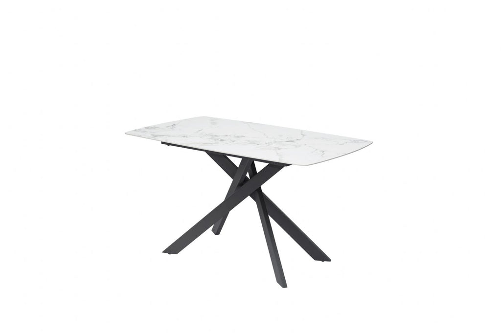 Modern White Ceramic Top Rectangular 4 Seater Dining Table with Black Iron Legs - Home Furniture Interiors