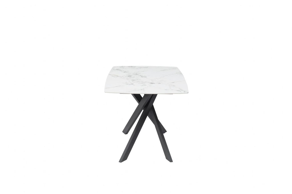 Modern White Ceramic Top Rectangular 4 Seater Dining Table with Black Iron Legs - Home Furniture Interiors