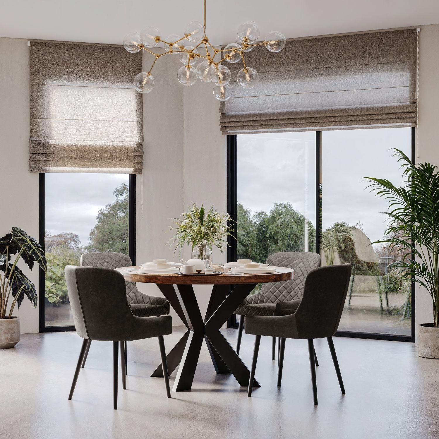 Modern Industrial Round Sheesham Wood 4 Seater Dining Table with Cross Base