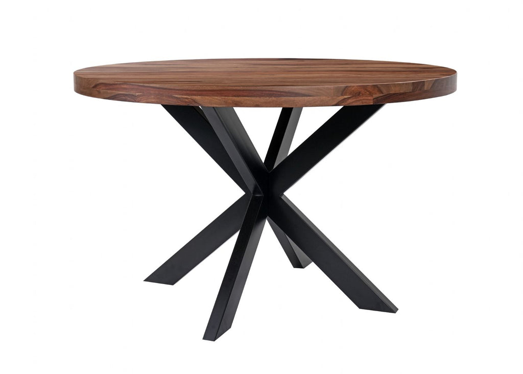 Modern Industrial Round Sheesham Wood 4 Seater Dining Table with Cross Base - Home Furniture Interiors