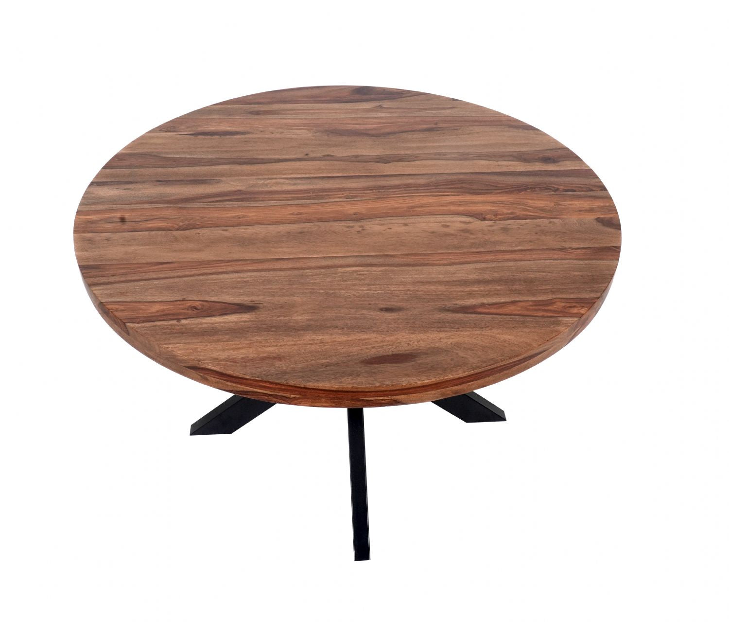 Modern Industrial Round Sheesham Wood 4 Seater Dining Table with Cross Base - Home Furniture Interiors