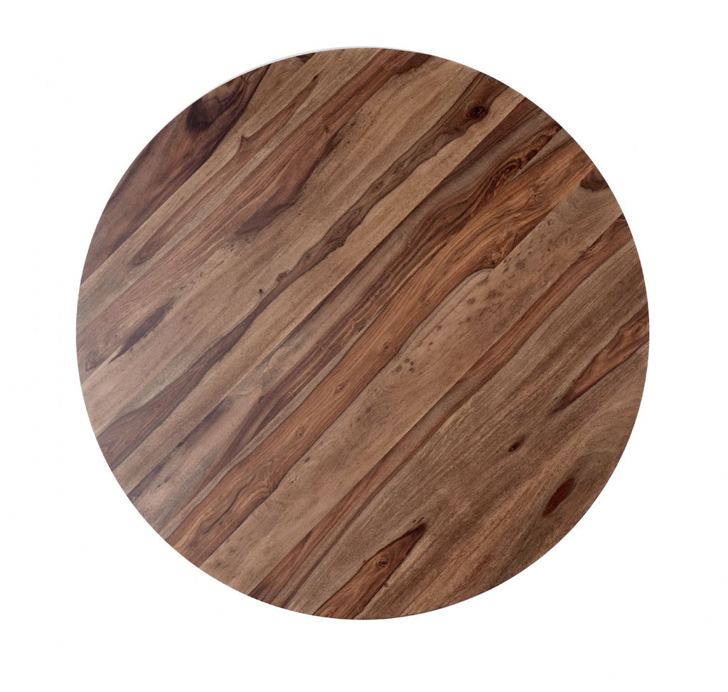 Modern Industrial Round Sheesham Wood 4 Seater Dining Table with Cross Base - Home Furniture Interiors