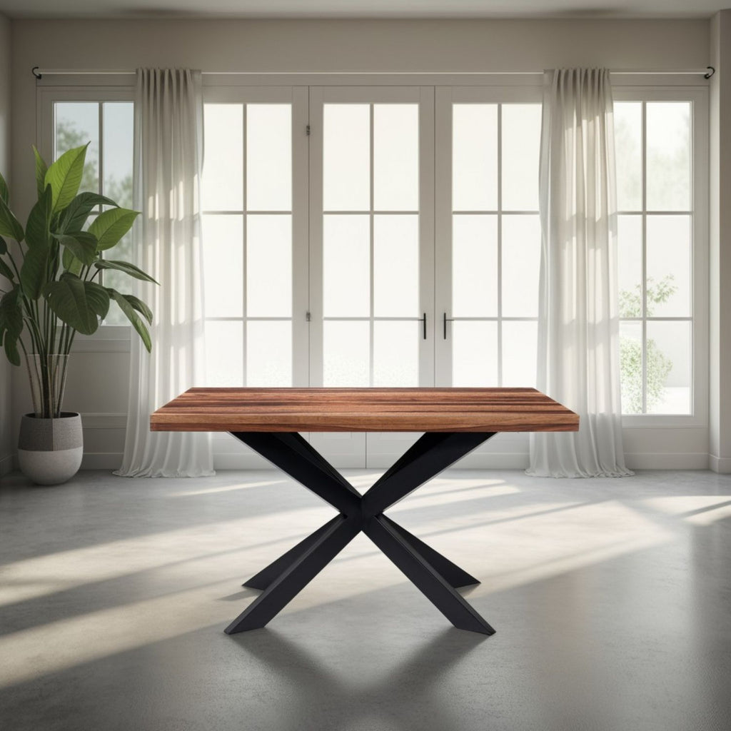 Industrial Sheesham Wood Top Small Rectangular 4 Seater Cross Base Dining Table