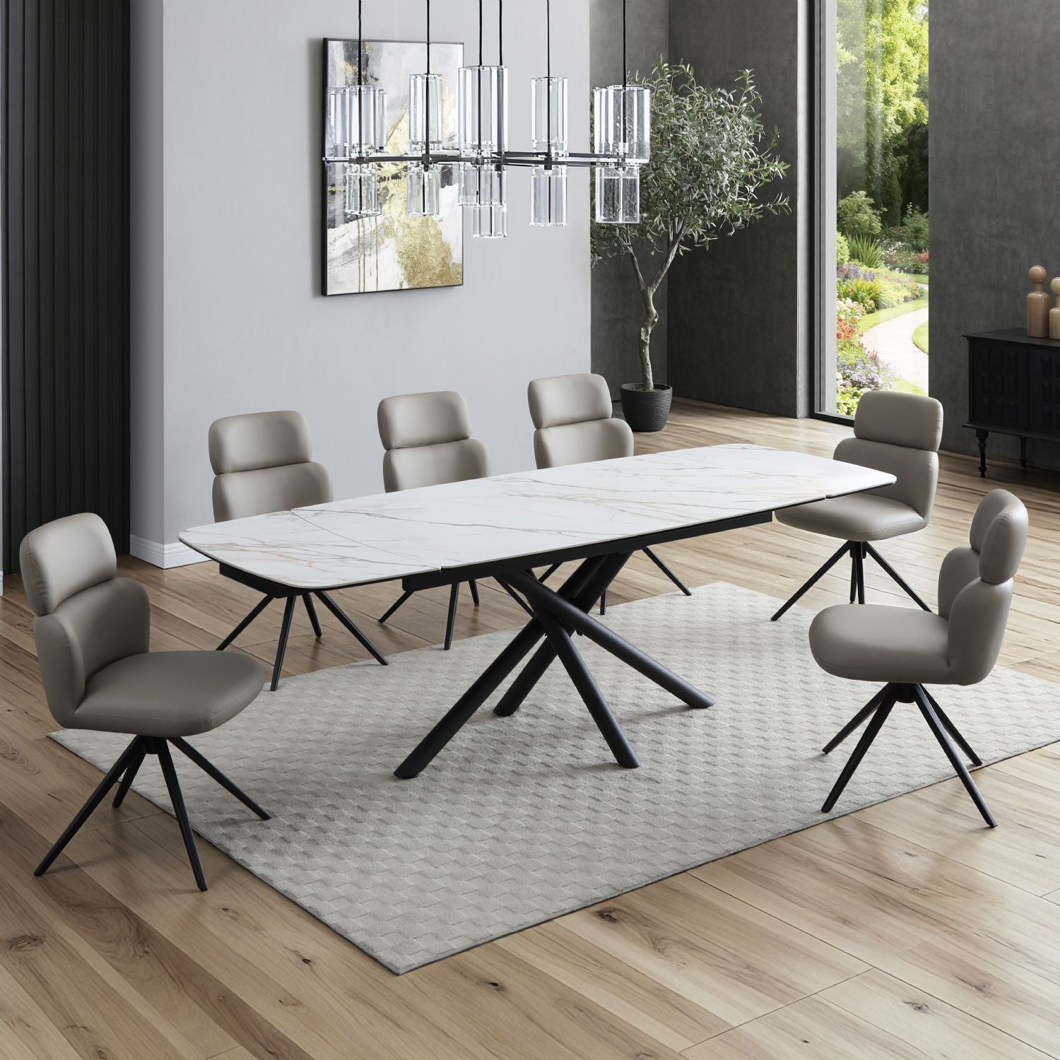 Modern Sleek Ceramic Top Large Extending 8 Seater Dining Table with Black Base - Home Furniture Interiors
