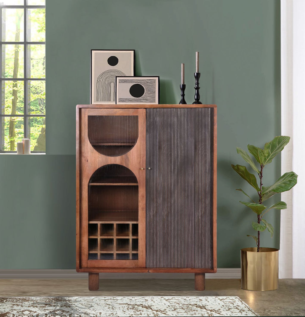 Industrial Mango Wood Highboard Drinks Cabinet with Grooved Detailing