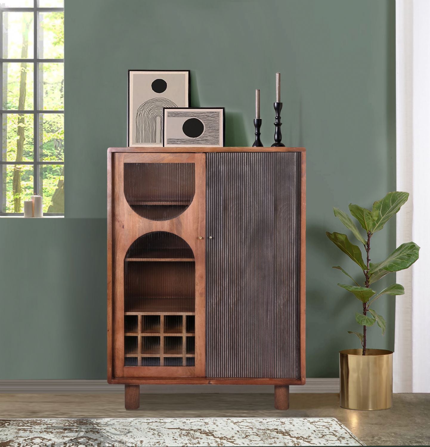 Industrial Mango Wood Highboard Drinks Cabinet with Grooved Detailing