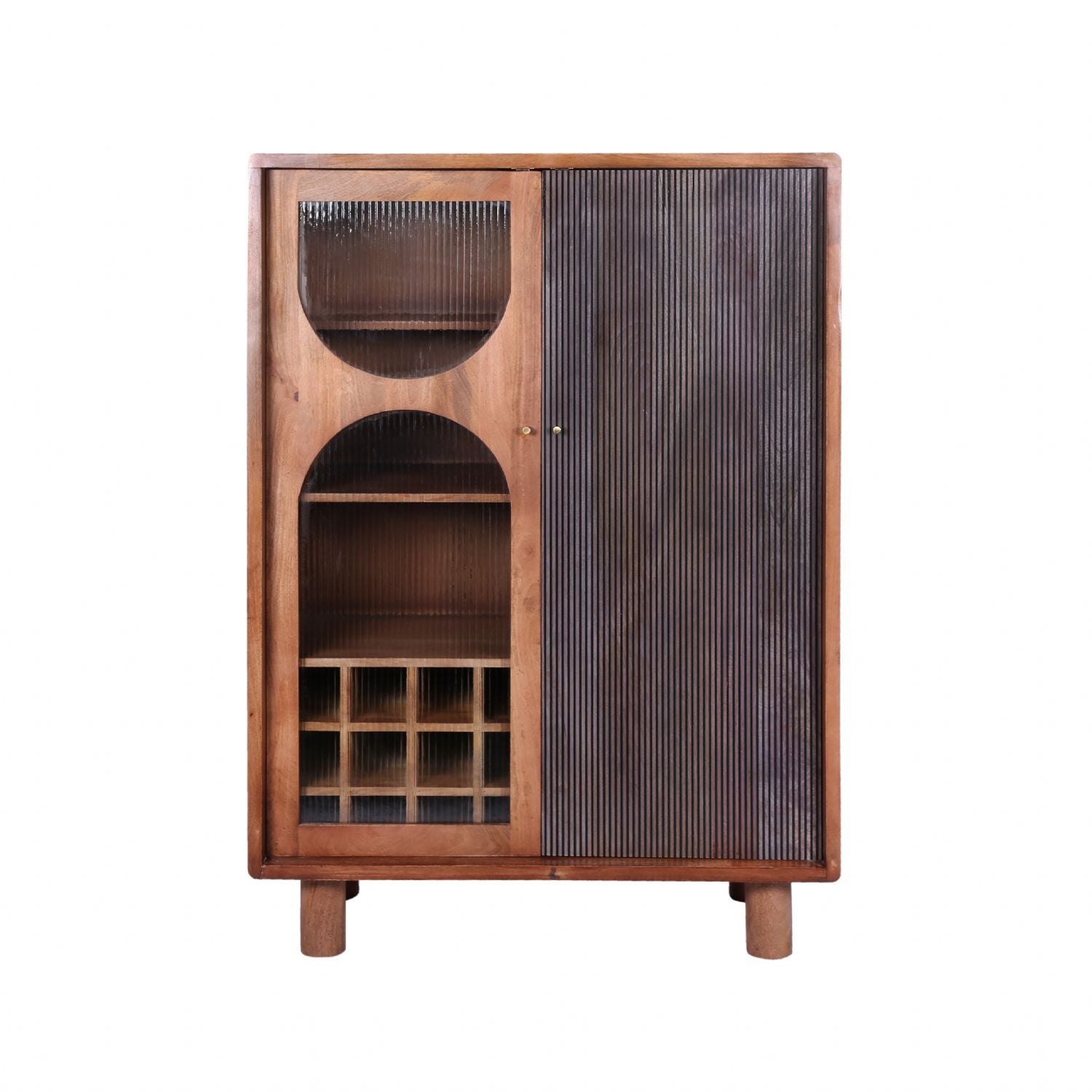 Industrial Mango Wood Highboard Drinks Cabinet with Grooved Detailing - Home Furniture Interiors