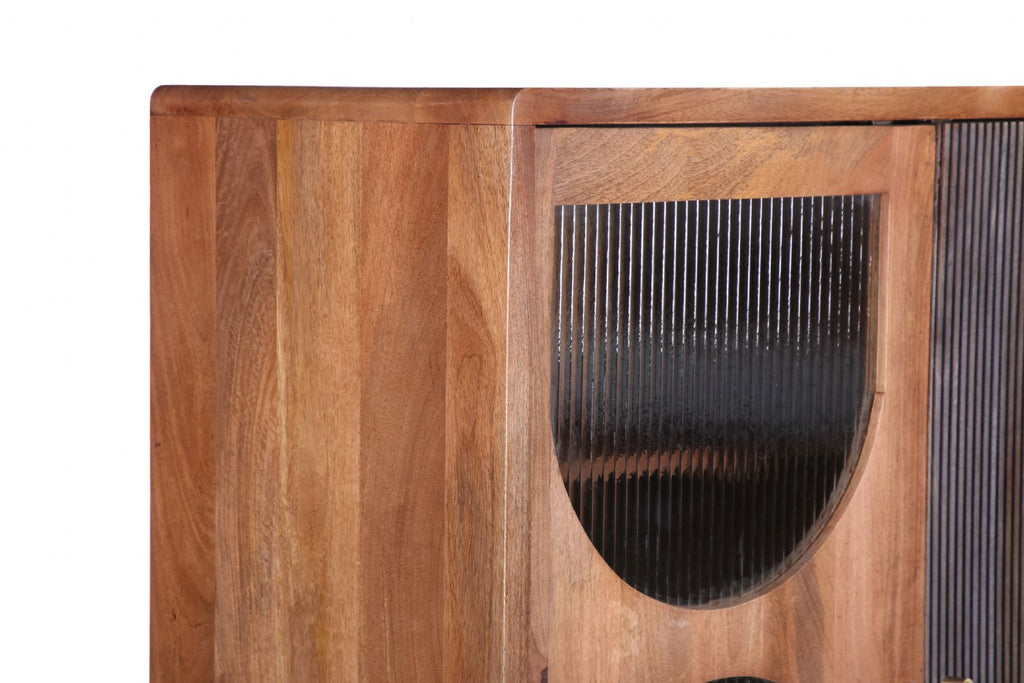 Industrial Mango Wood Highboard Drinks Cabinet with Grooved Detailing - Home Furniture Interiors