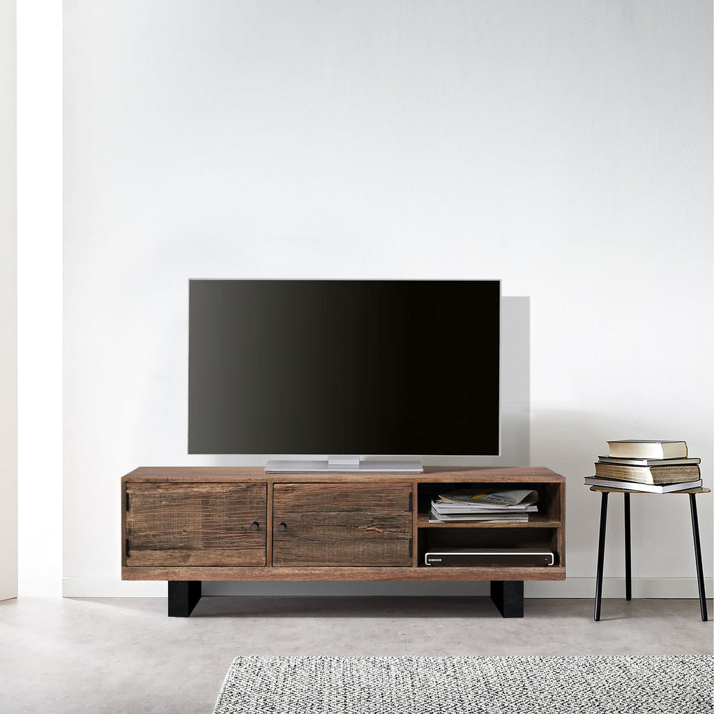 Industrial Reclaimed Sleeper and Mango Wood 2 Door TV Cabinet with Shelves