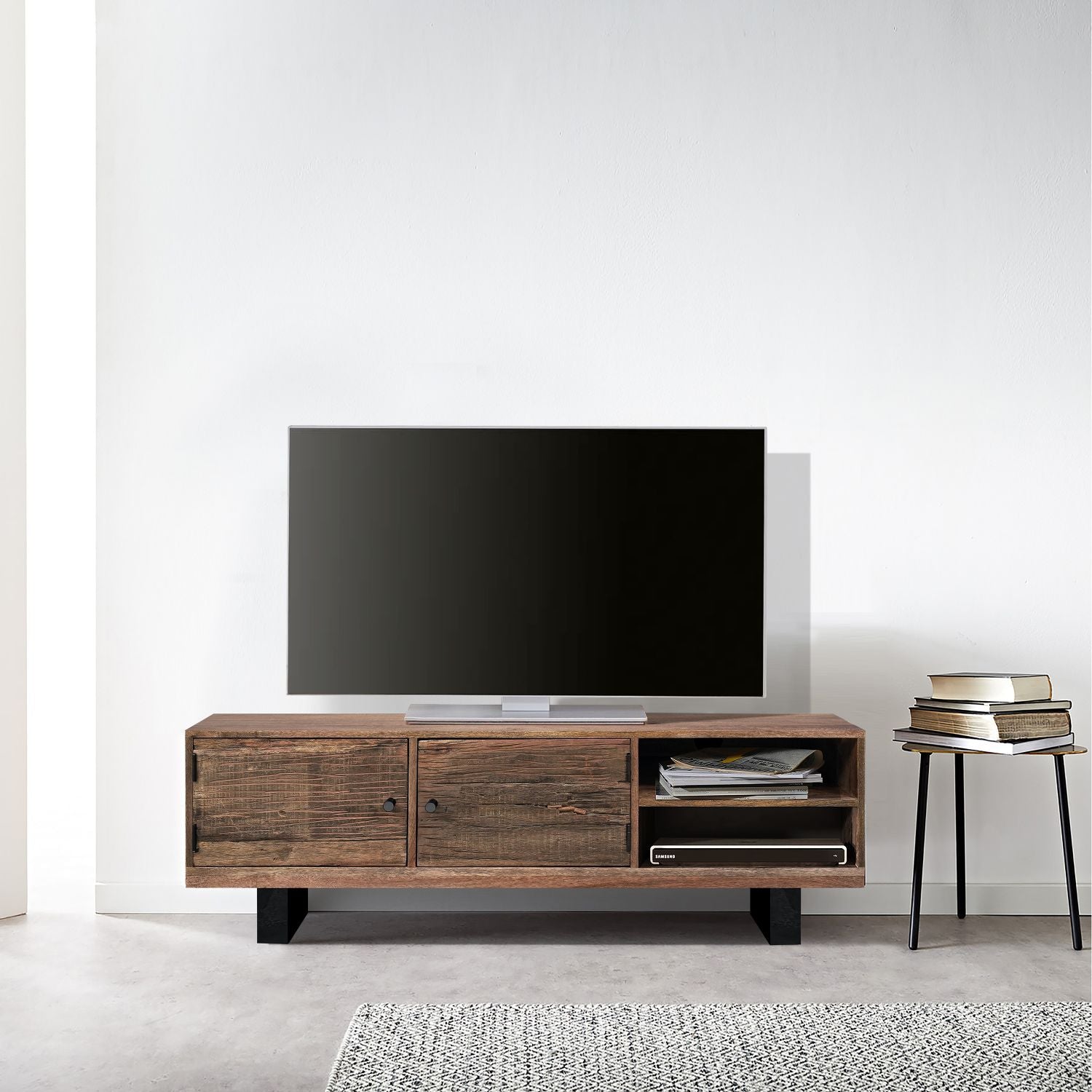 Industrial Reclaimed Sleeper and Mango Wood 2 Door TV Cabinet with Shelves