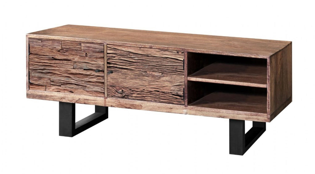 Industrial Reclaimed Sleeper and Mango Wood 2 Door TV Cabinet with Shelves - Home Furniture Interiors