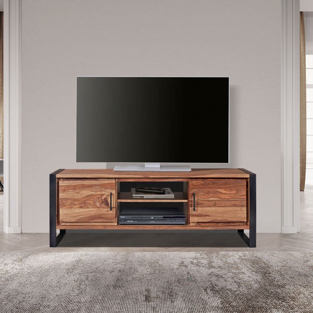 Modern Industrial Sheesham Wood 2 Door TV Cabinet with Open Shelves
