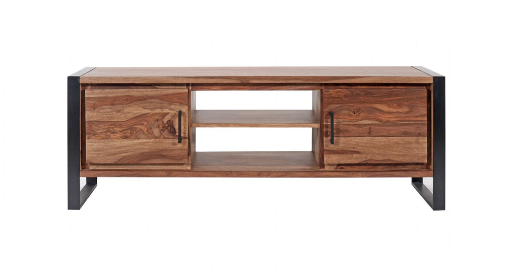 Modern Industrial Sheesham Wood 2 Door TV Cabinet with Open Shelves - Home Furniture Interiors