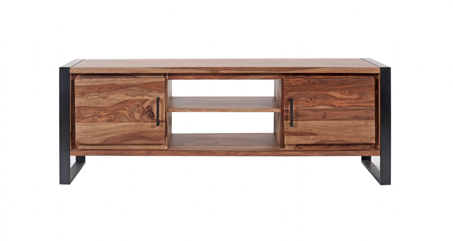 Modern Industrial Sheesham Wood 2 Door TV Cabinet with Open Shelves - Home Furniture Interiors