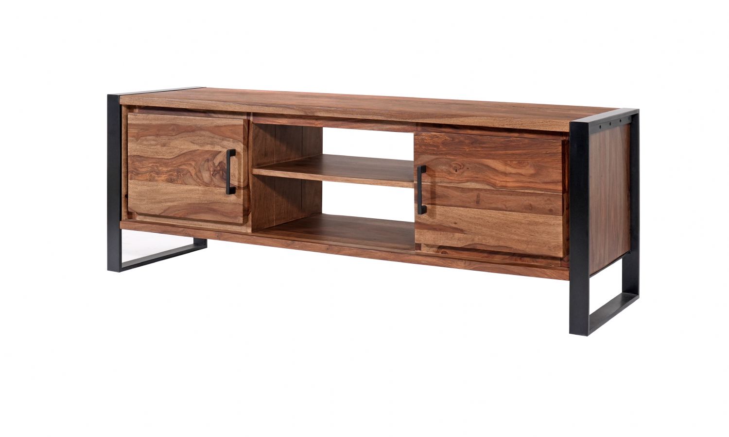 Modern Industrial Sheesham Wood 2 Door TV Cabinet with Open Shelves - Home Furniture Interiors