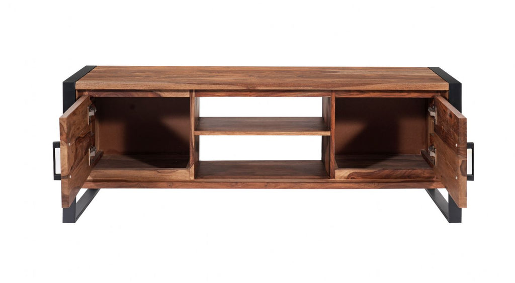 Modern Industrial Sheesham Wood 2 Door TV Cabinet with Open Shelves - Home Furniture Interiors