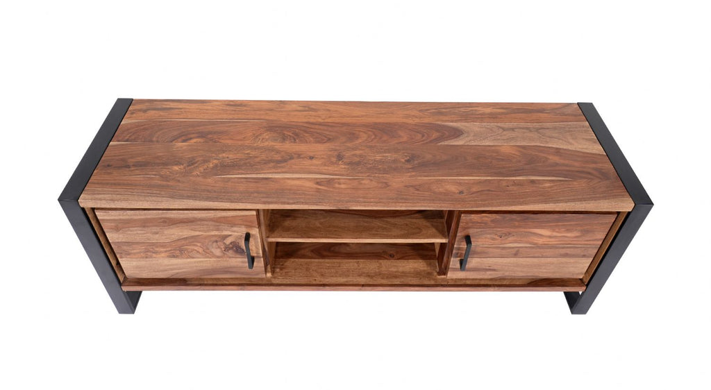 Modern Industrial Sheesham Wood 2 Door TV Cabinet with Open Shelves - Home Furniture Interiors