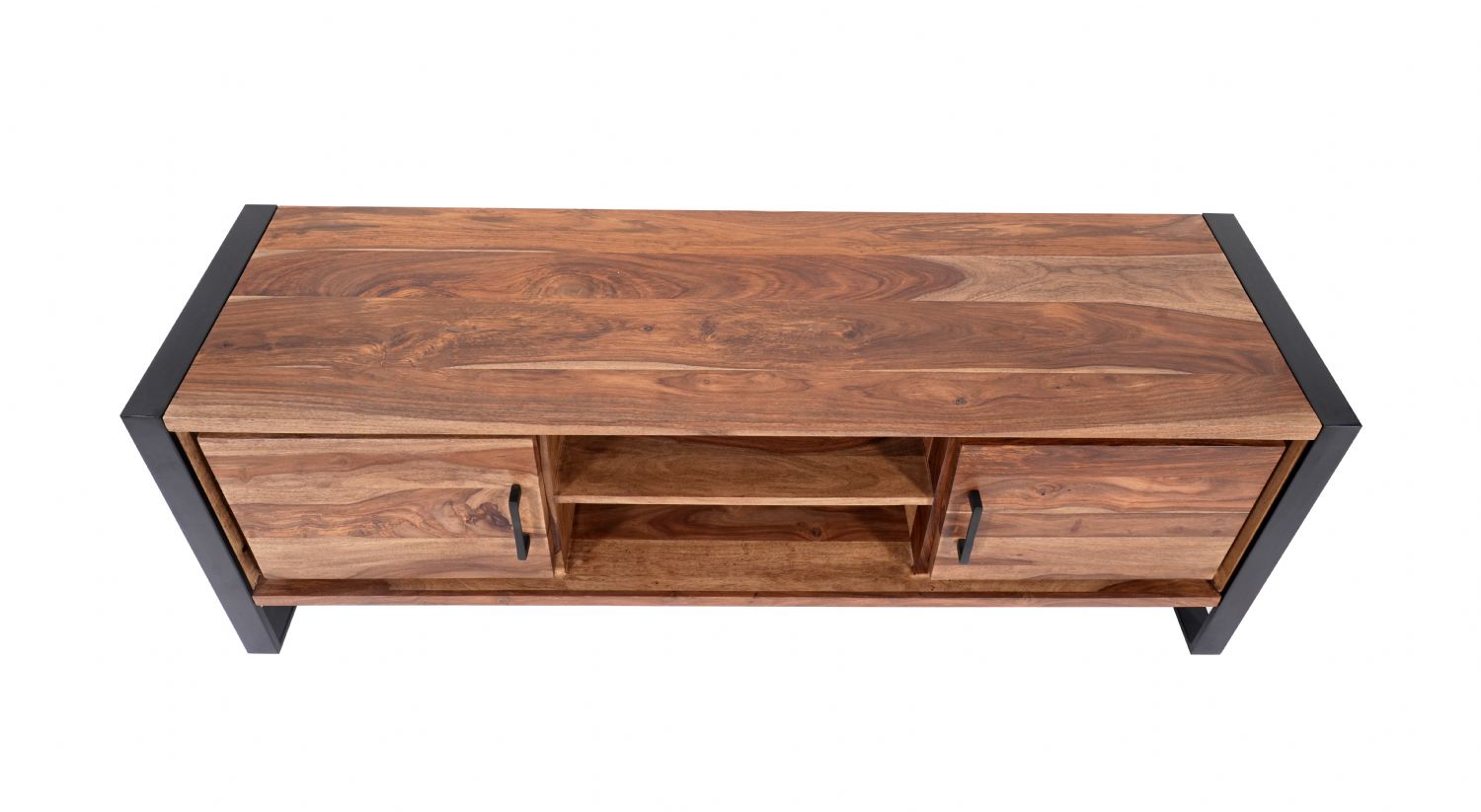 Modern Industrial Sheesham Wood 2 Door TV Cabinet with Open Shelves - Home Furniture Interiors