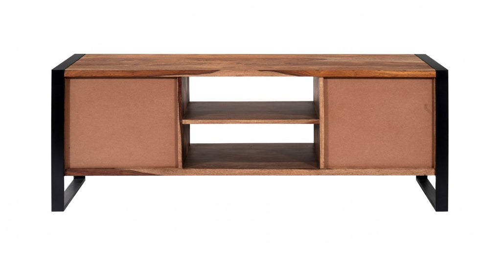 Modern Industrial Sheesham Wood 2 Door TV Cabinet with Open Shelves - Home Furniture Interiors