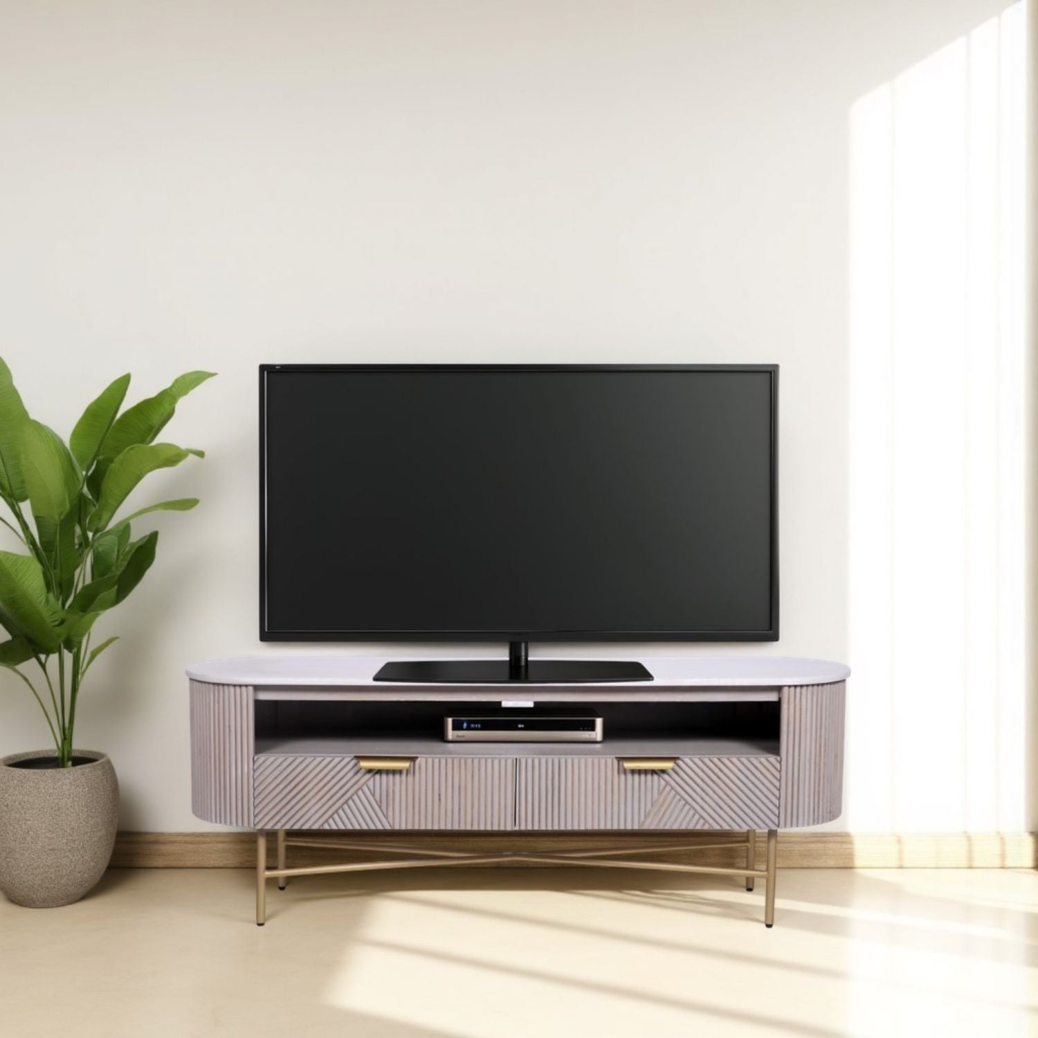 Modern Marble Top Mango Wood 2 Drawer TV Unit with Gold Brushed Iron Frame