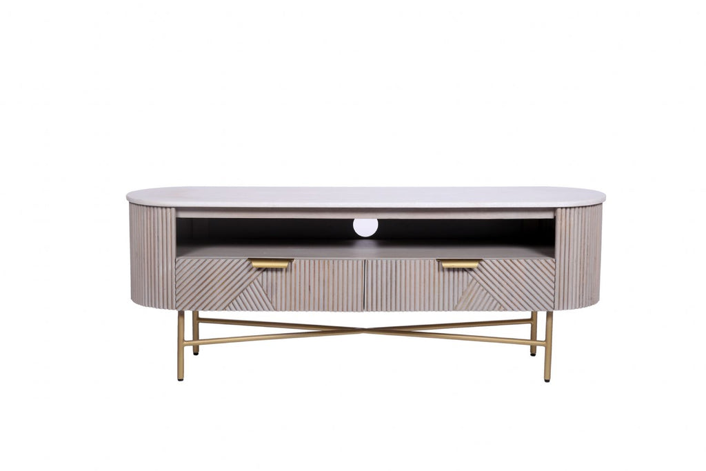 Modern Marble Top Mango Wood 2 Drawer TV Unit with Gold Brushed Iron Frame - Home Furniture Interiors