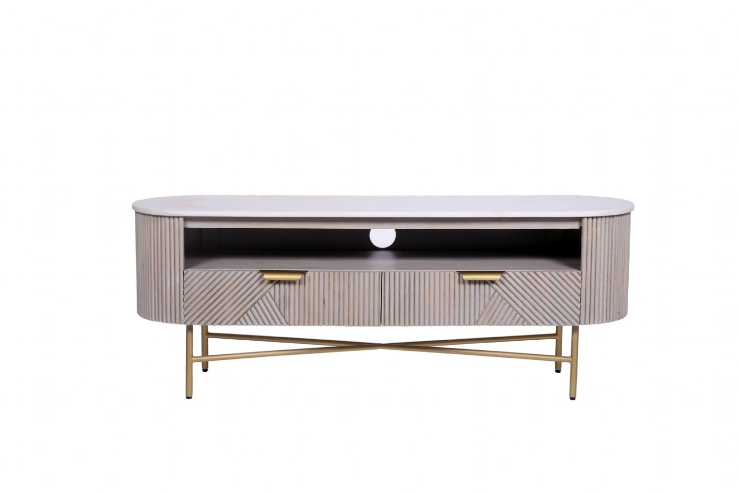 Modern Marble Top Mango Wood 2 Drawer TV Unit with Gold Brushed Iron Frame - Home Furniture Interiors