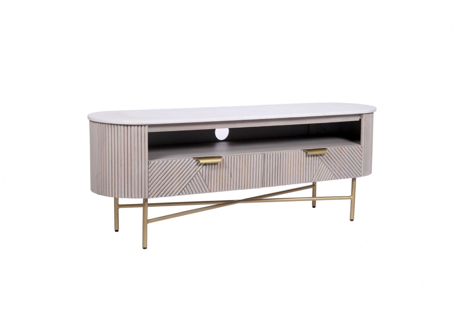 Modern Marble Top Mango Wood 2 Drawer TV Unit with Gold Brushed Iron Frame - Home Furniture Interiors