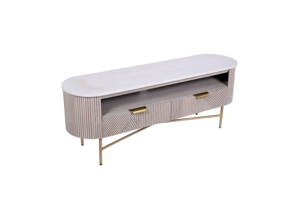 Modern Marble Top Mango Wood 2 Drawer TV Unit with Gold Brushed Iron Frame - Home Furniture Interiors