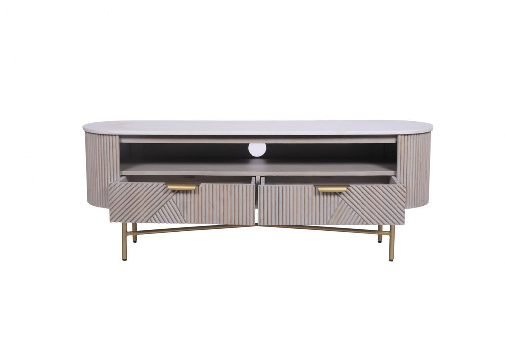 Modern Marble Top Mango Wood 2 Drawer TV Unit with Gold Brushed Iron Frame - Home Furniture Interiors