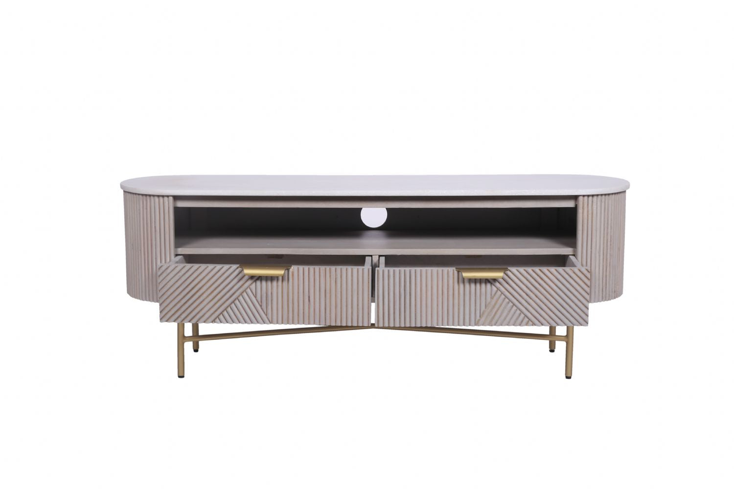 Modern Marble Top Mango Wood 2 Drawer TV Unit with Gold Brushed Iron Frame - Home Furniture Interiors