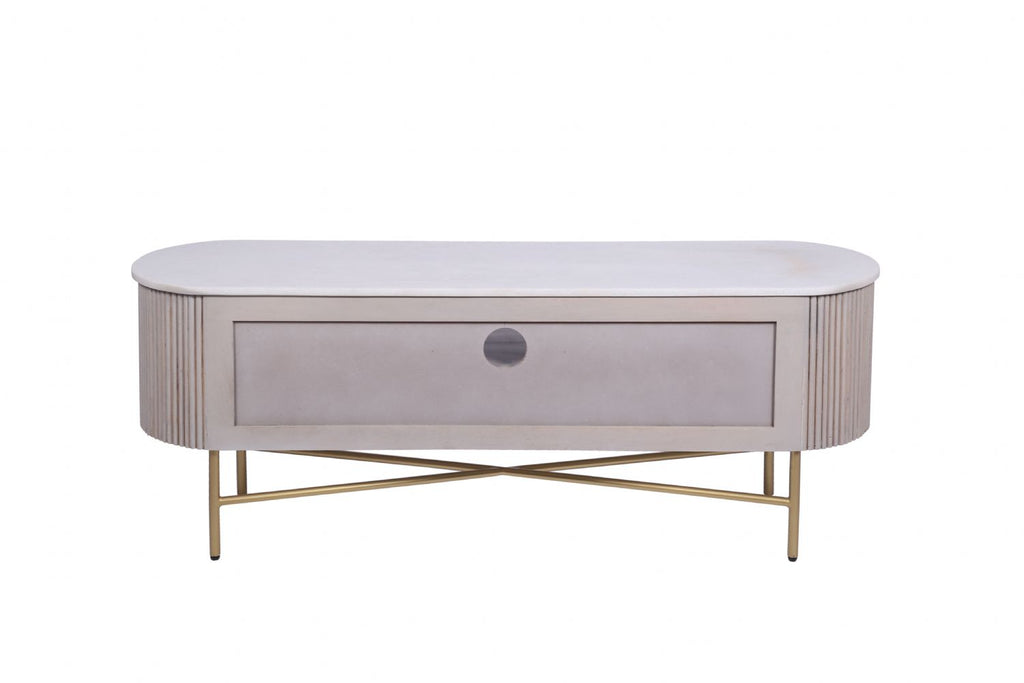 Modern Marble Top Mango Wood 2 Drawer TV Unit with Gold Brushed Iron Frame - Home Furniture Interiors