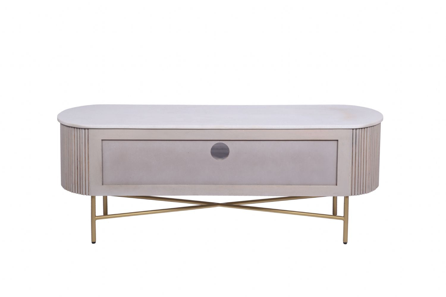 Modern Marble Top Mango Wood 2 Drawer TV Unit with Gold Brushed Iron Frame - Home Furniture Interiors