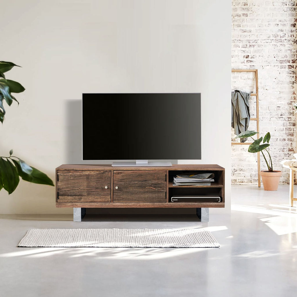 Modern Reclaimed Wood Rectangular 2 Door TV Cabinet with Stainless Steel Legs