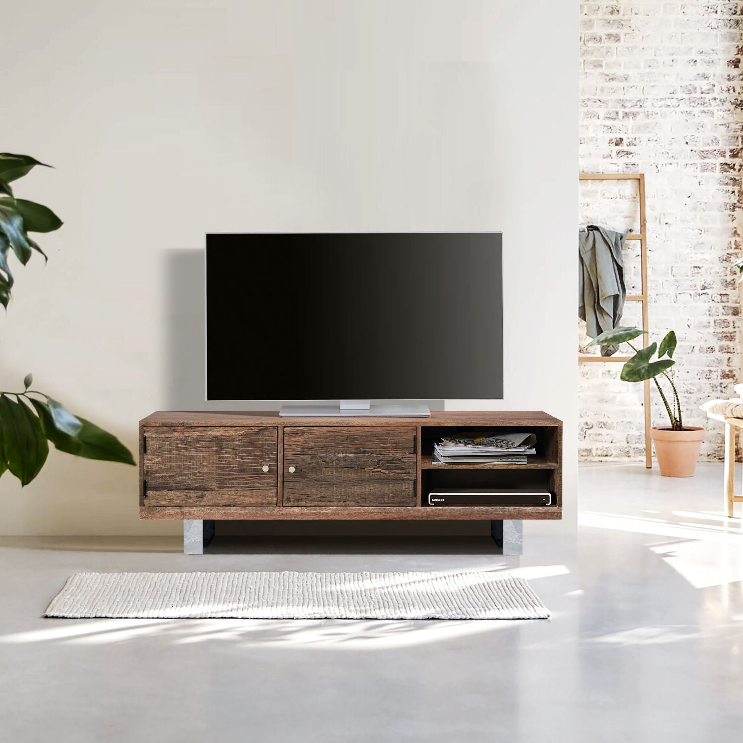Modern Reclaimed Wood Rectangular 2 Door TV Cabinet with Stainless Steel Legs