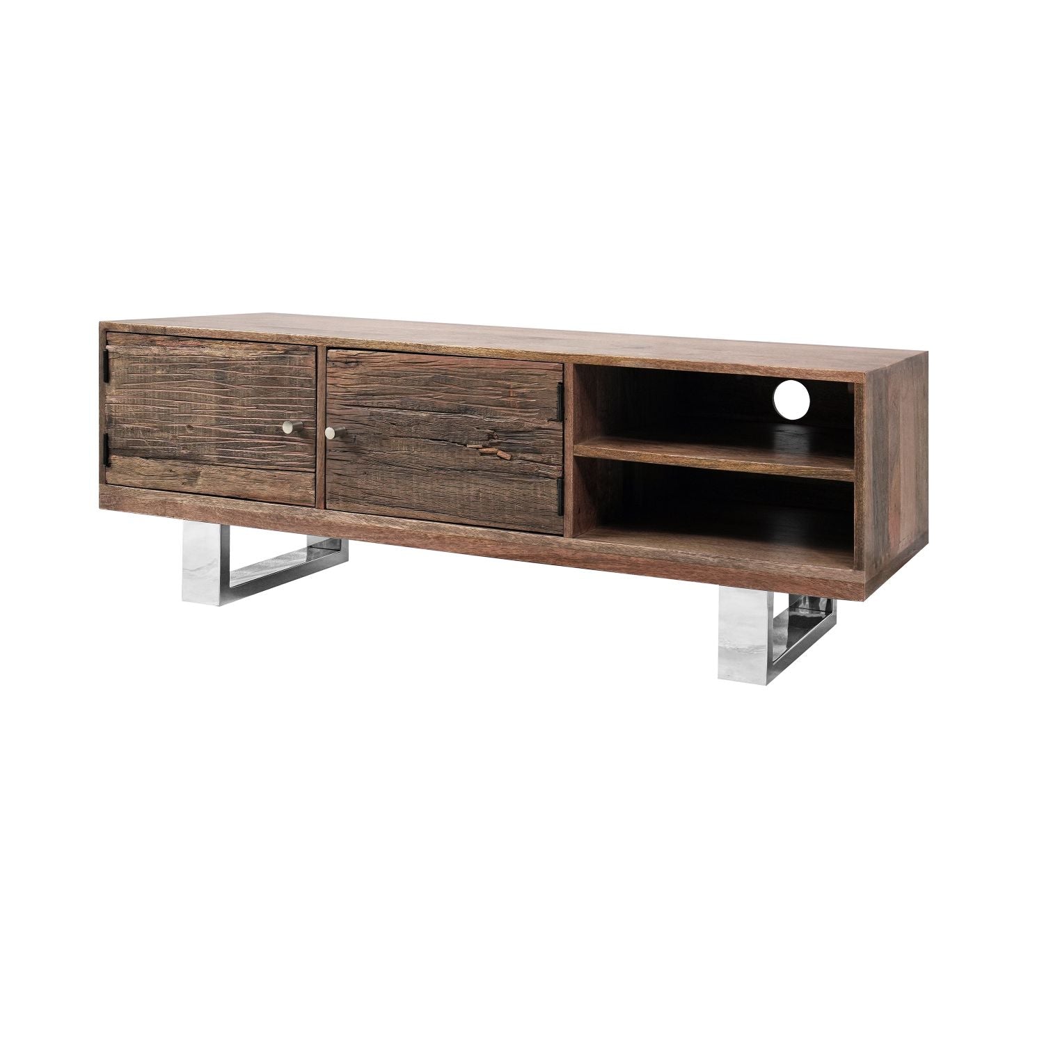 Modern Reclaimed Wood Rectangular 2 Door TV Cabinet with Stainless Steel Legs - Home Furniture Interiors