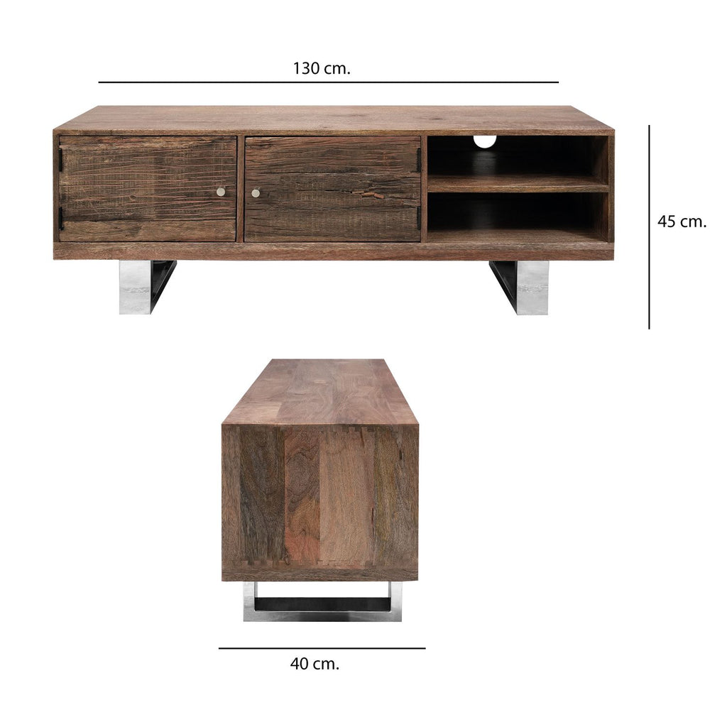 Modern Reclaimed Wood Rectangular 2 Door TV Cabinet with Stainless Steel Legs - Home Furniture Interiors