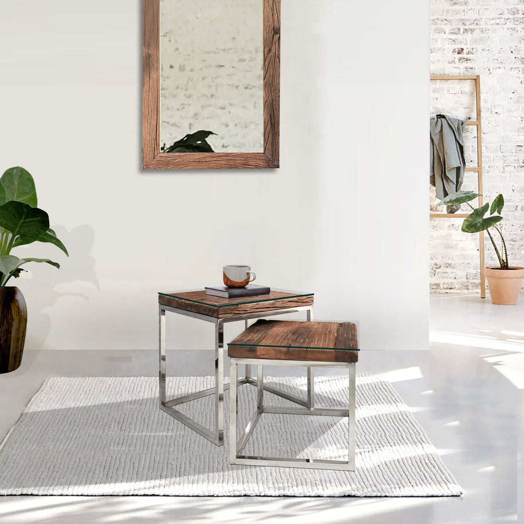 Reclaimed Sleeper Wood Nest of 2 Tables with Polished Stainless Steel Frames