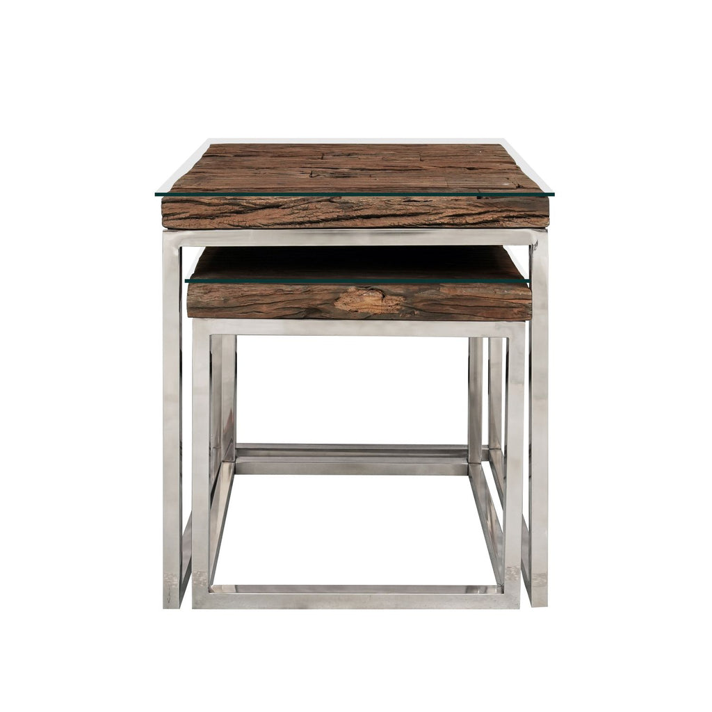 Reclaimed Sleeper Wood Nest of 2 Tables with Polished Stainless Steel Frames - Home Furniture Interiors