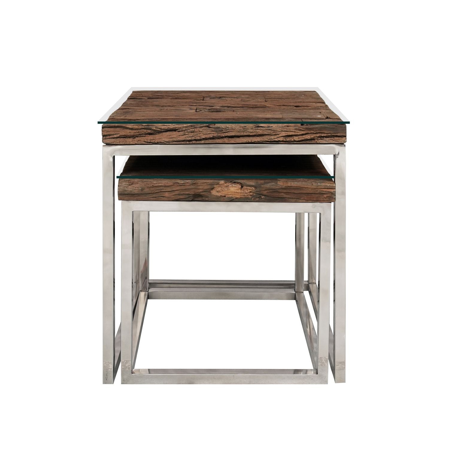 Reclaimed Sleeper Wood Nest of 2 Tables with Polished Stainless Steel Frames - Home Furniture Interiors