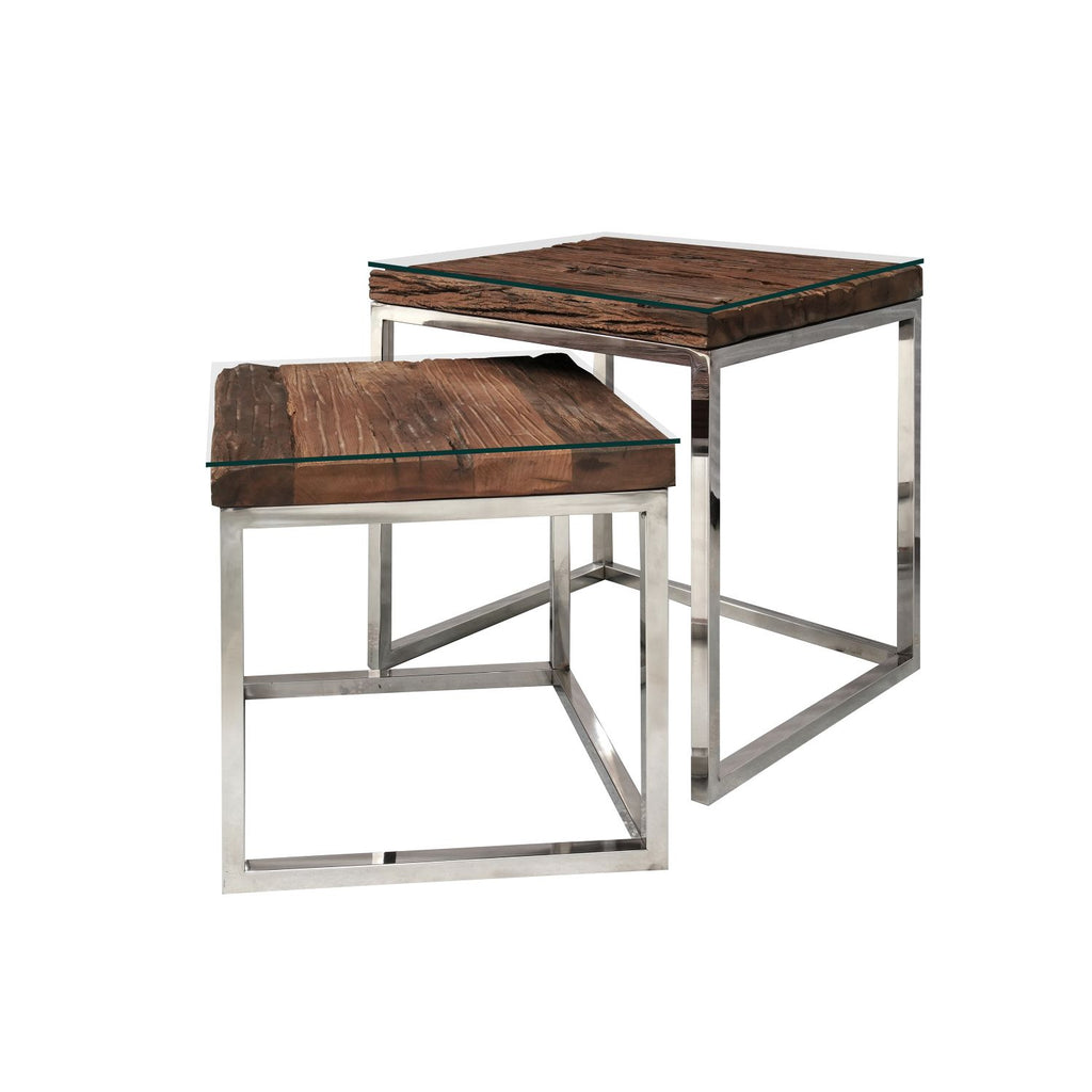 Reclaimed Sleeper Wood Nest of 2 Tables with Polished Stainless Steel Frames - Home Furniture Interiors
