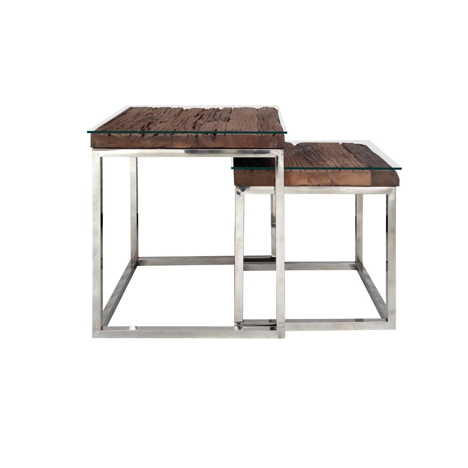 Reclaimed Sleeper Wood Nest of 2 Tables with Polished Stainless Steel Frames - Home Furniture Interiors