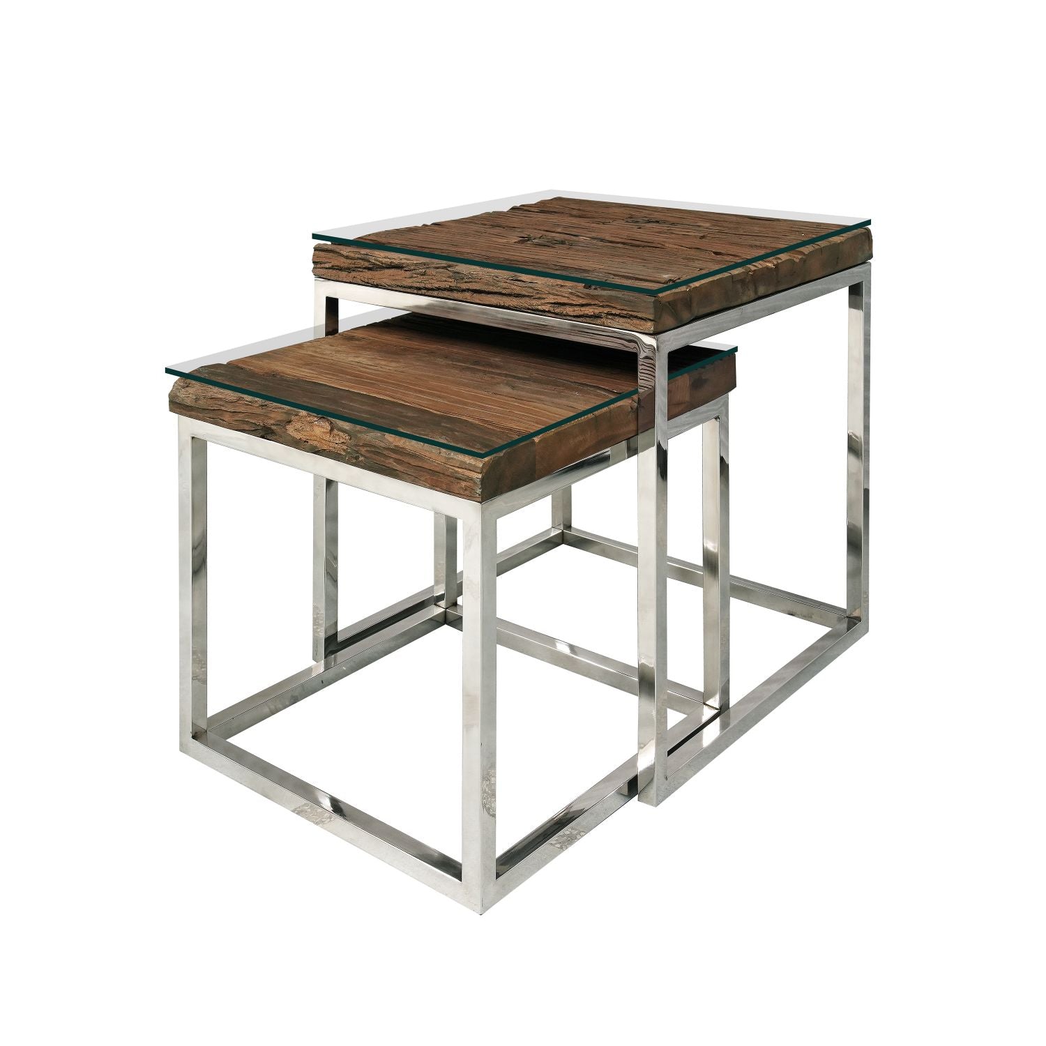 Reclaimed Sleeper Wood Nest of 2 Tables with Polished Stainless Steel Frames - Home Furniture Interiors