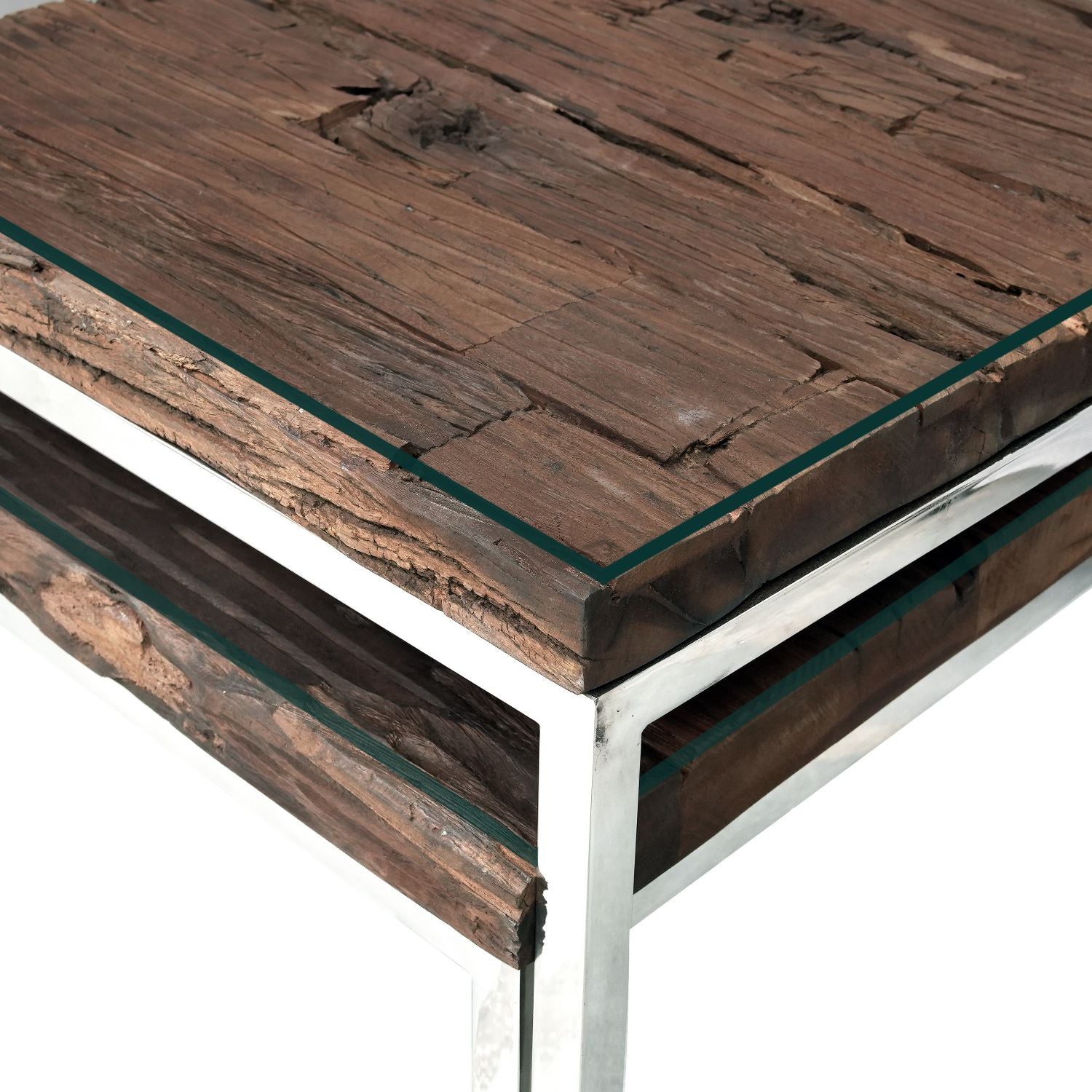 Reclaimed Sleeper Wood Nest of 2 Tables with Polished Stainless Steel Frames - Home Furniture Interiors