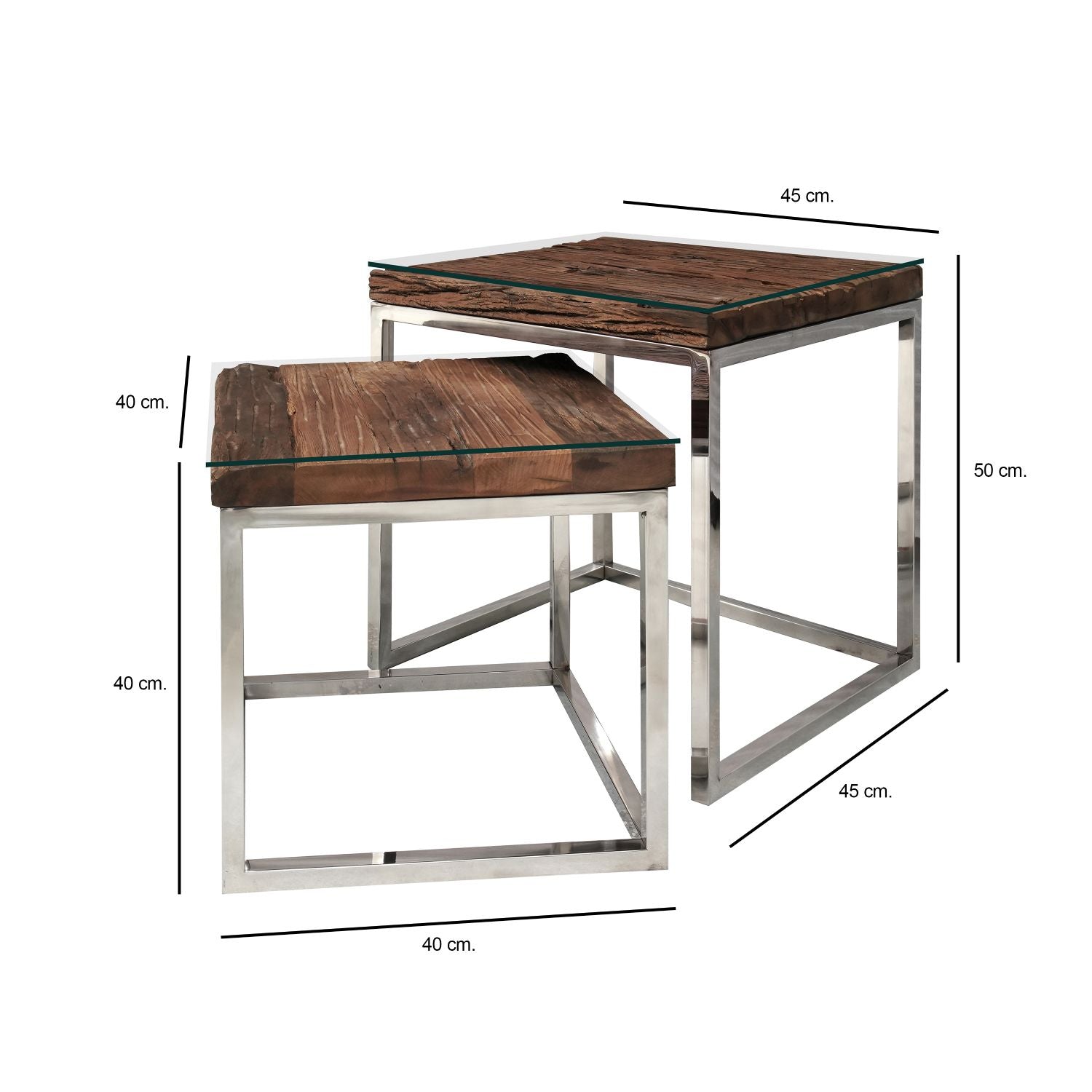 Reclaimed Sleeper Wood Nest of 2 Tables with Polished Stainless Steel Frames - Home Furniture Interiors