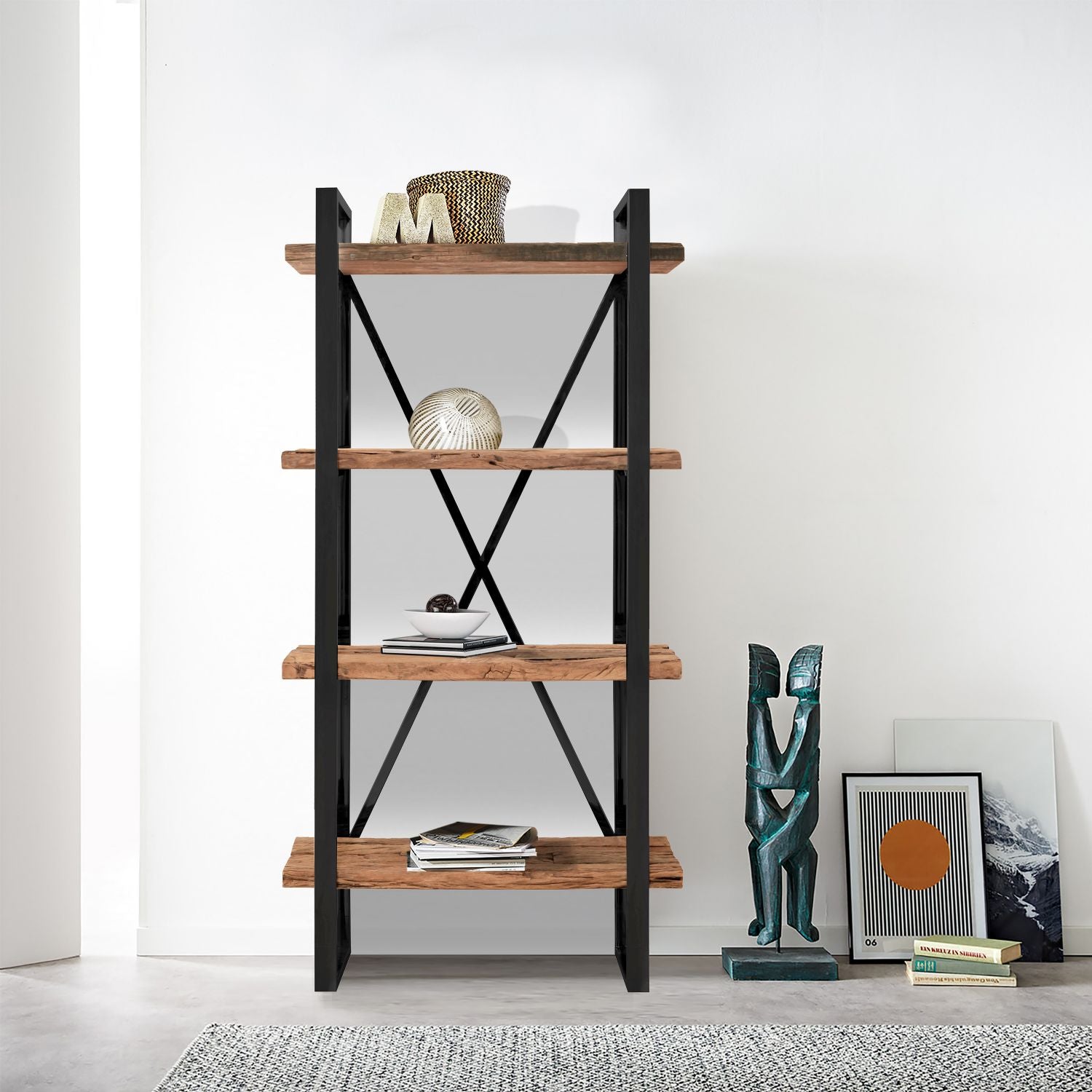 Industrial Reclaimed Railway Sleeper Wood Shelving Unit with Black Metal Frame