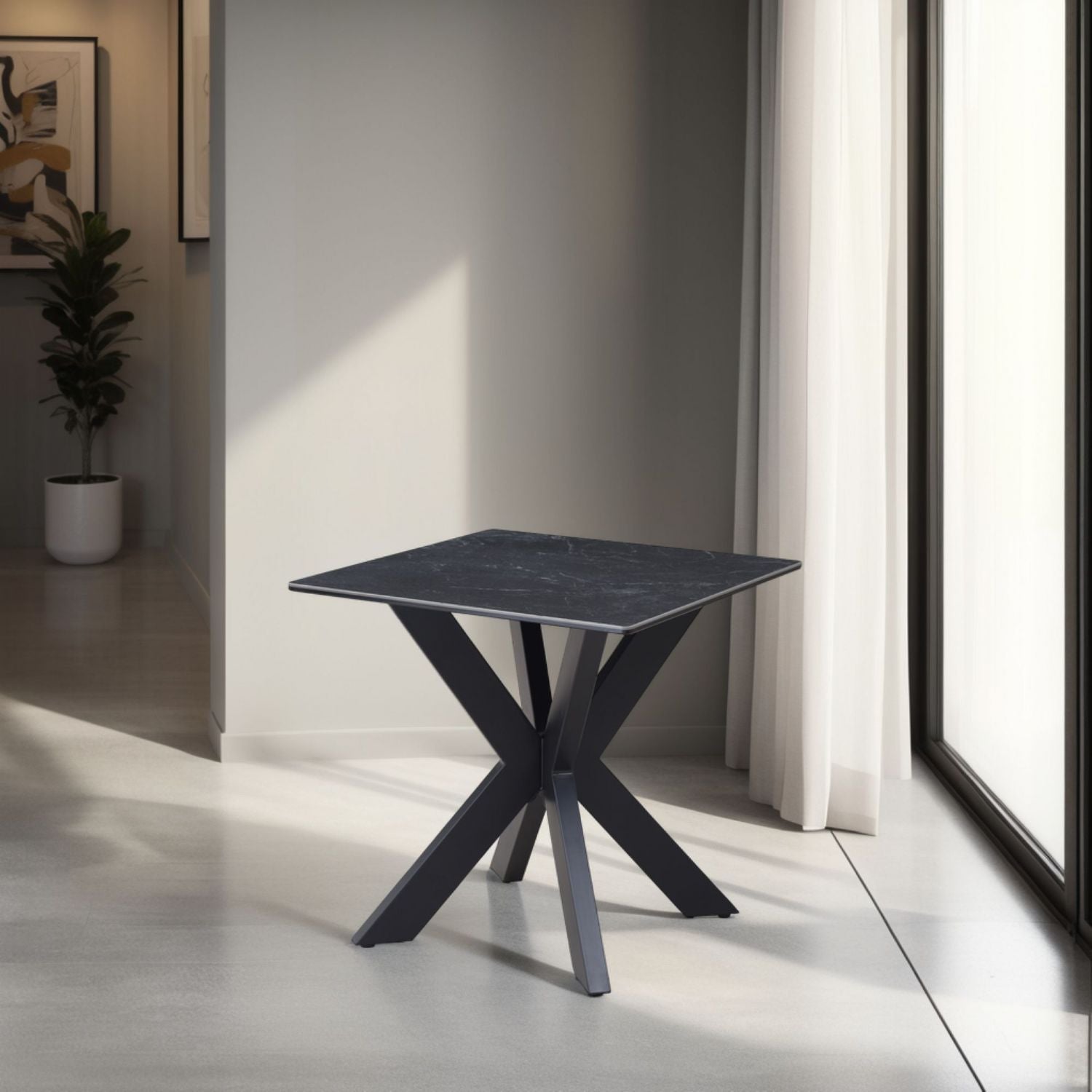 Industrial Black Ceramic and Glass Lamp Table with Iron Starburst Base