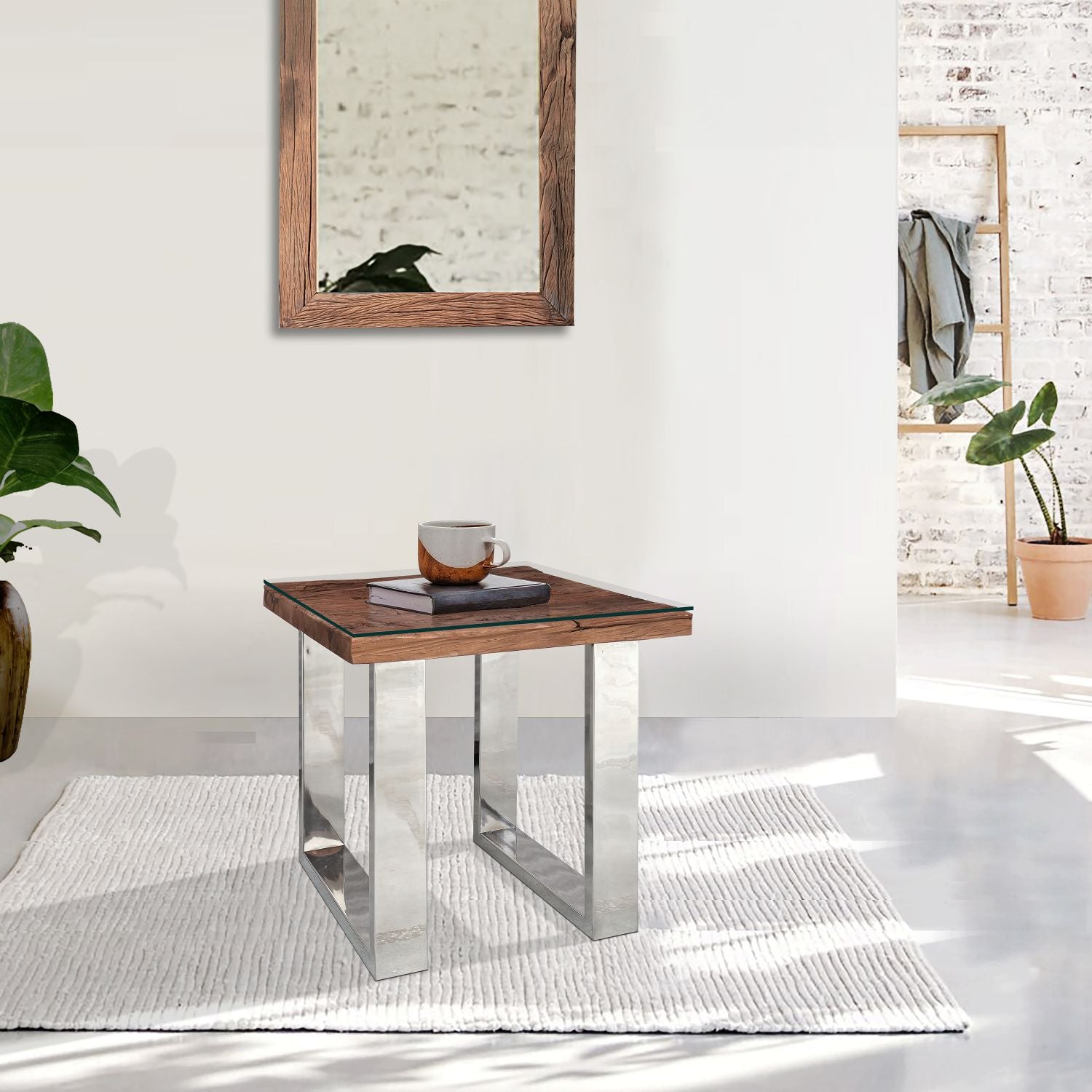 Industrial Reclaimed Sleeper Wood Square Lamp Table with Polished Steel Legs