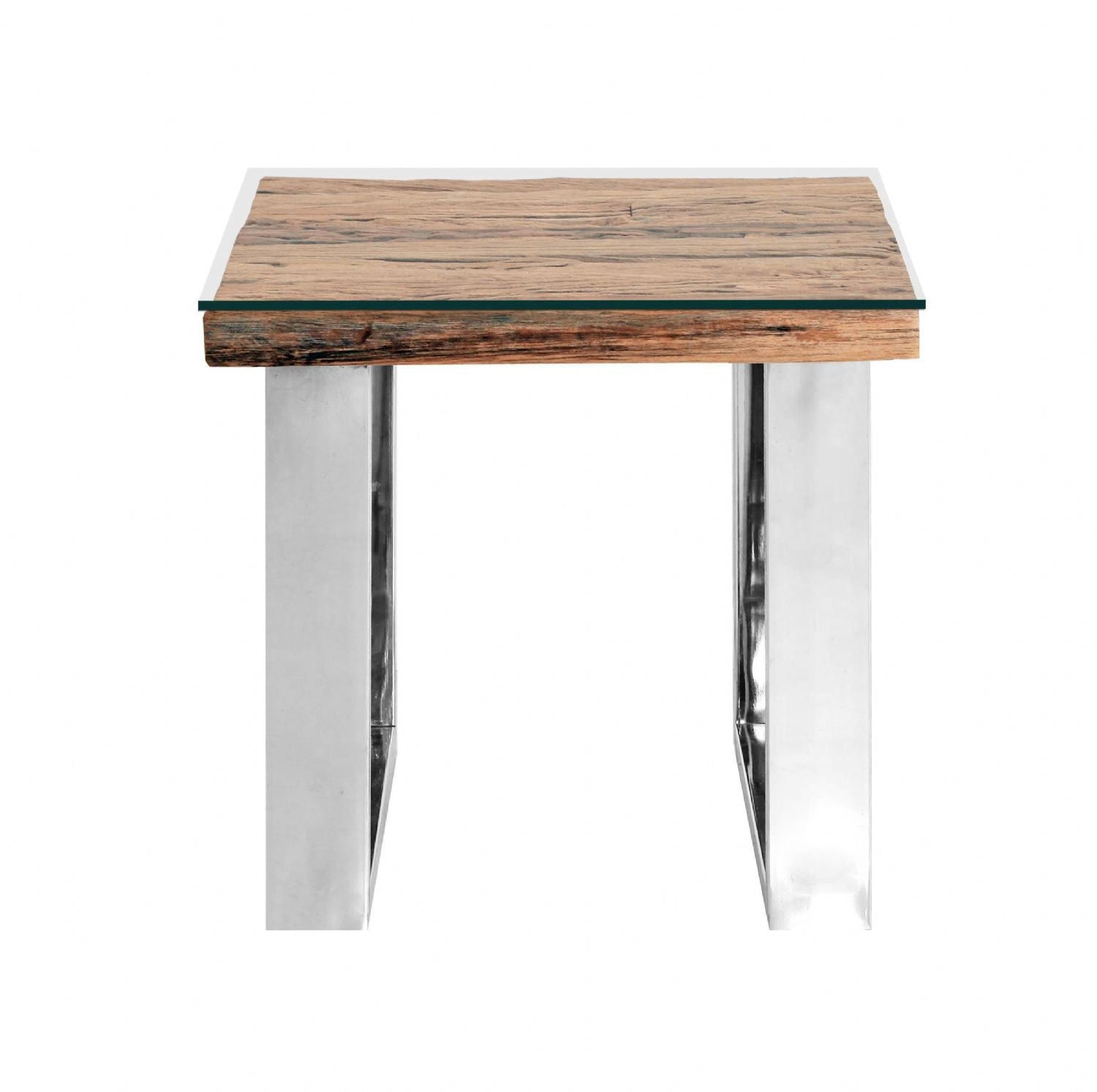 Industrial Reclaimed Sleeper Wood Square Lamp Table with Polished Steel Legs - Home Furniture Interiors
