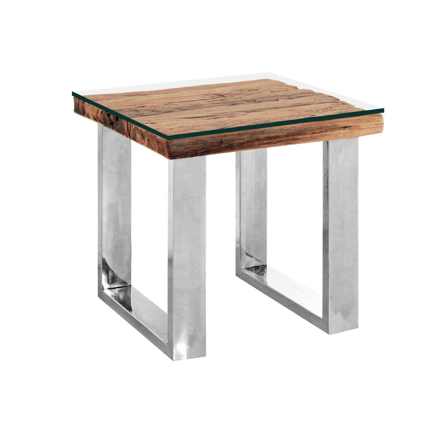 Industrial Reclaimed Sleeper Wood Square Lamp Table with Polished Steel Legs - Home Furniture Interiors
