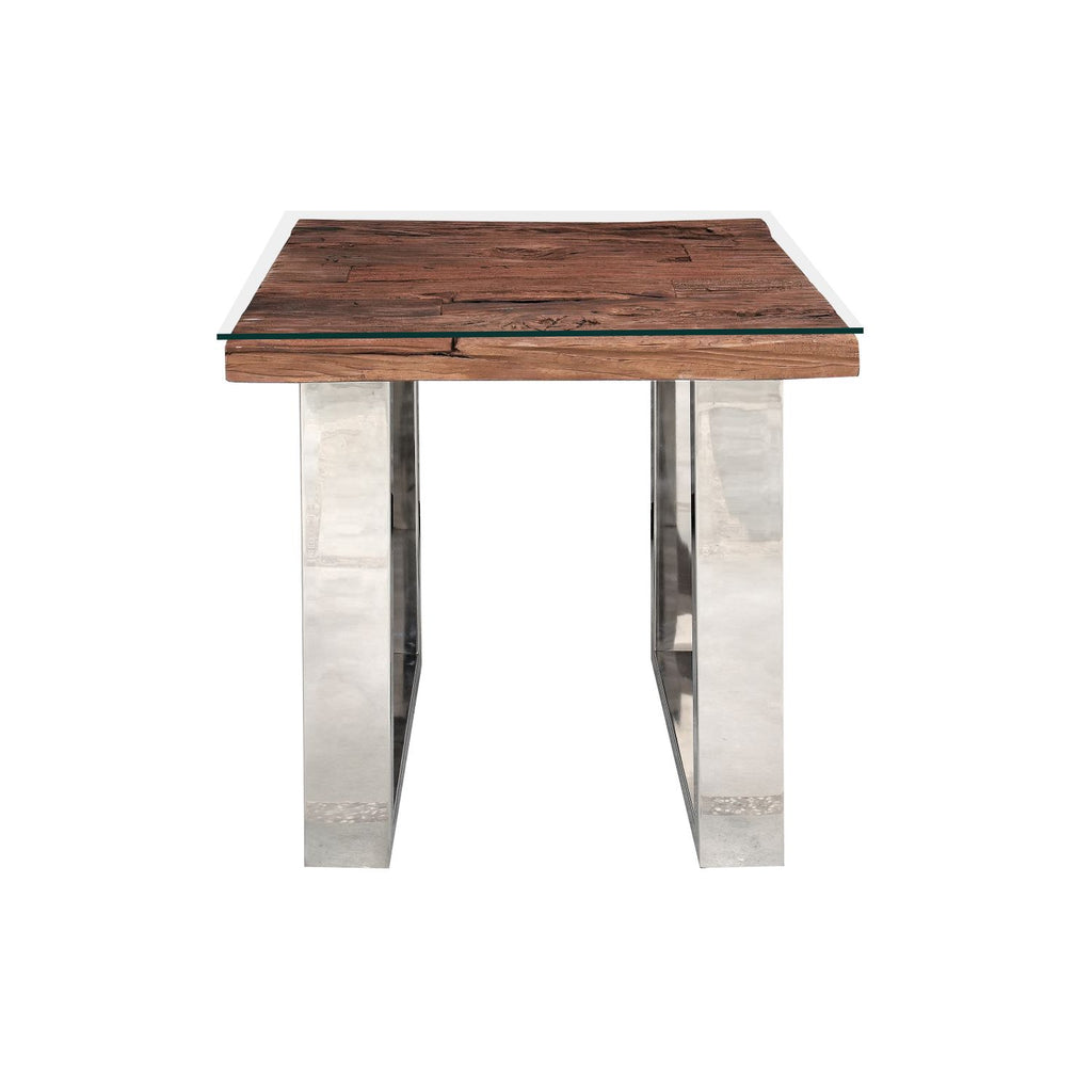 Industrial Reclaimed Sleeper Wood Square Lamp Table with Polished Steel Legs - Home Furniture Interiors